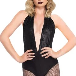 LEG AVENUE Black Sequin Halter Bodysuit