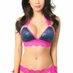 Daisy Corsets USA Navy Sequin Pucker Bikini With Fuchsia Lace