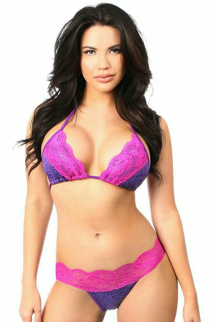 Daisy Corsets USA Purple Sequin Pucker Bikini With Fuchsia Lace 3 Daisy Corsets USA Purple Sequin Pucker Bikini With Fuchsia Lace