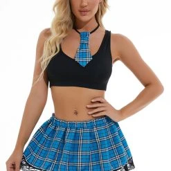 3WISHES Plaid Playtime Set -LEG AVENUE shop W5893 blue front 1