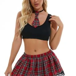 3WISHES Plaid Playtime Set -LEG AVENUE shop w5893 black red front 3